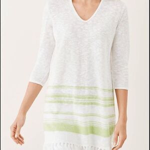 J. Jill Linen Blend White Tunic Top Green Stripe‎ with Fringe Sz S